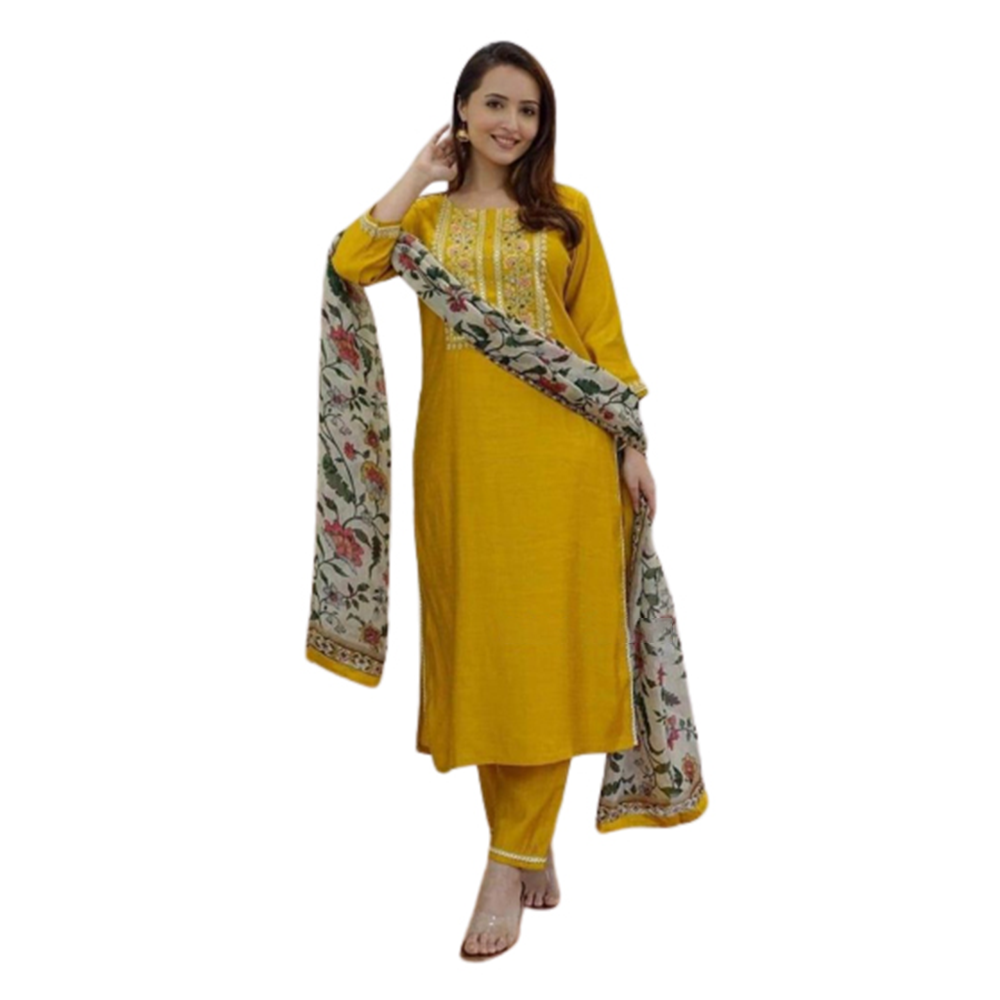 Lilen Computer Embroidery Readymade Salwar Kameez For Women - Yellow - GR-03