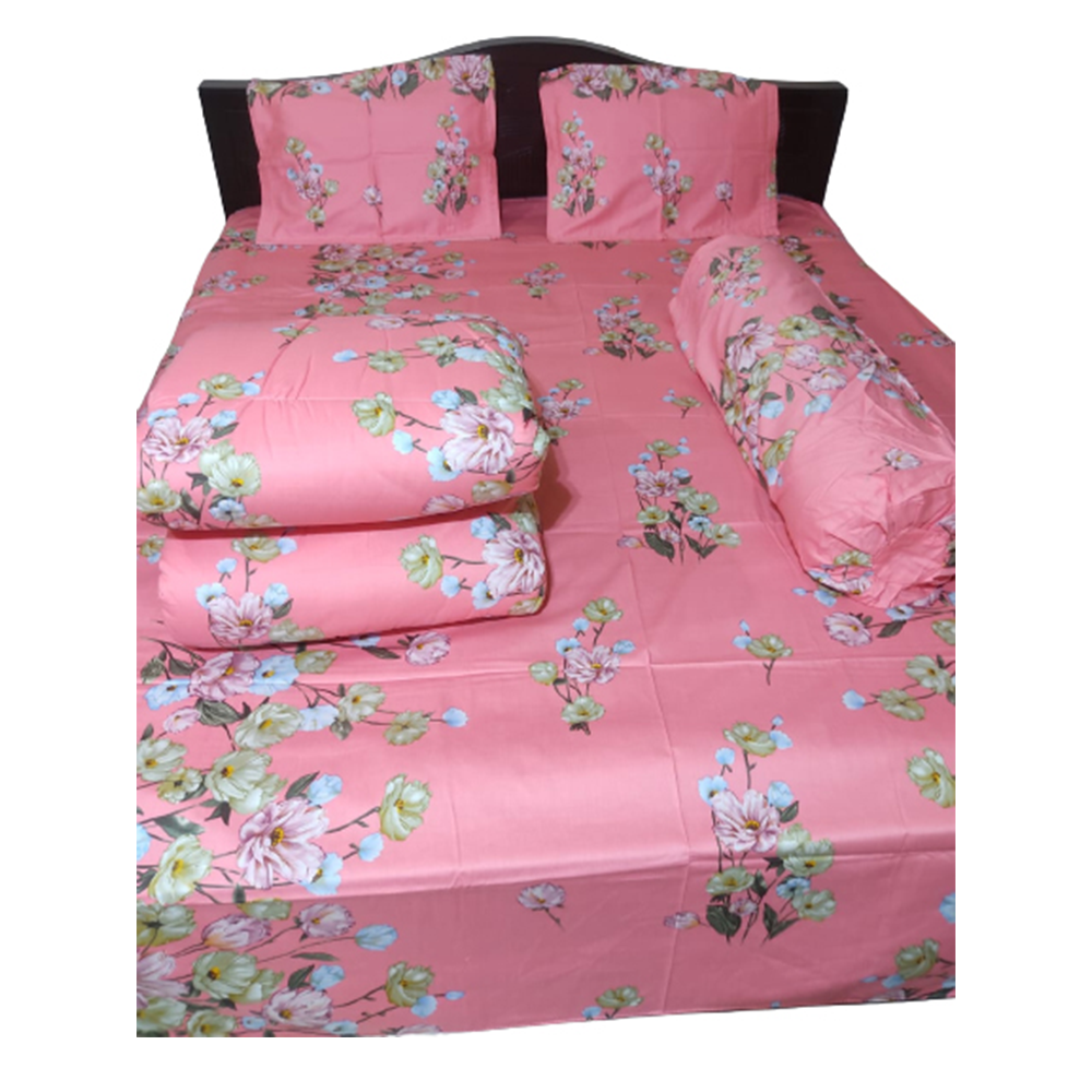 Twill Cotton King Size Five In One Comforter Set - Pink - CFS-109