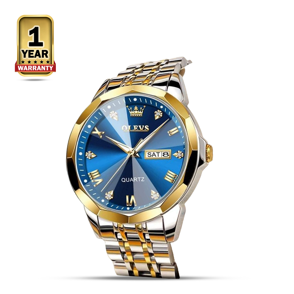 OLEVS 9931 Stainless Steel Quartz Watch For Men - Blue Golden and Silver