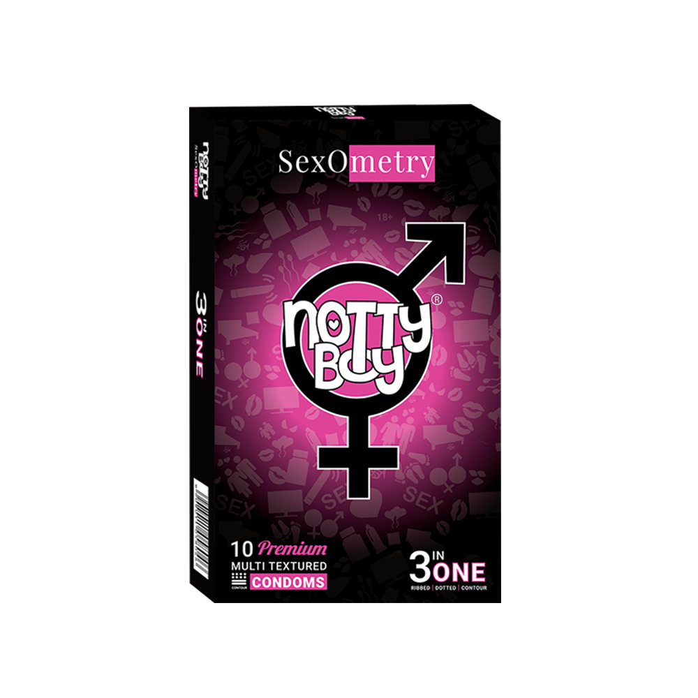 Pack Of Ten NottyBoy SexOmetry Three in One Ribbed and Dotted Contoured Condoms