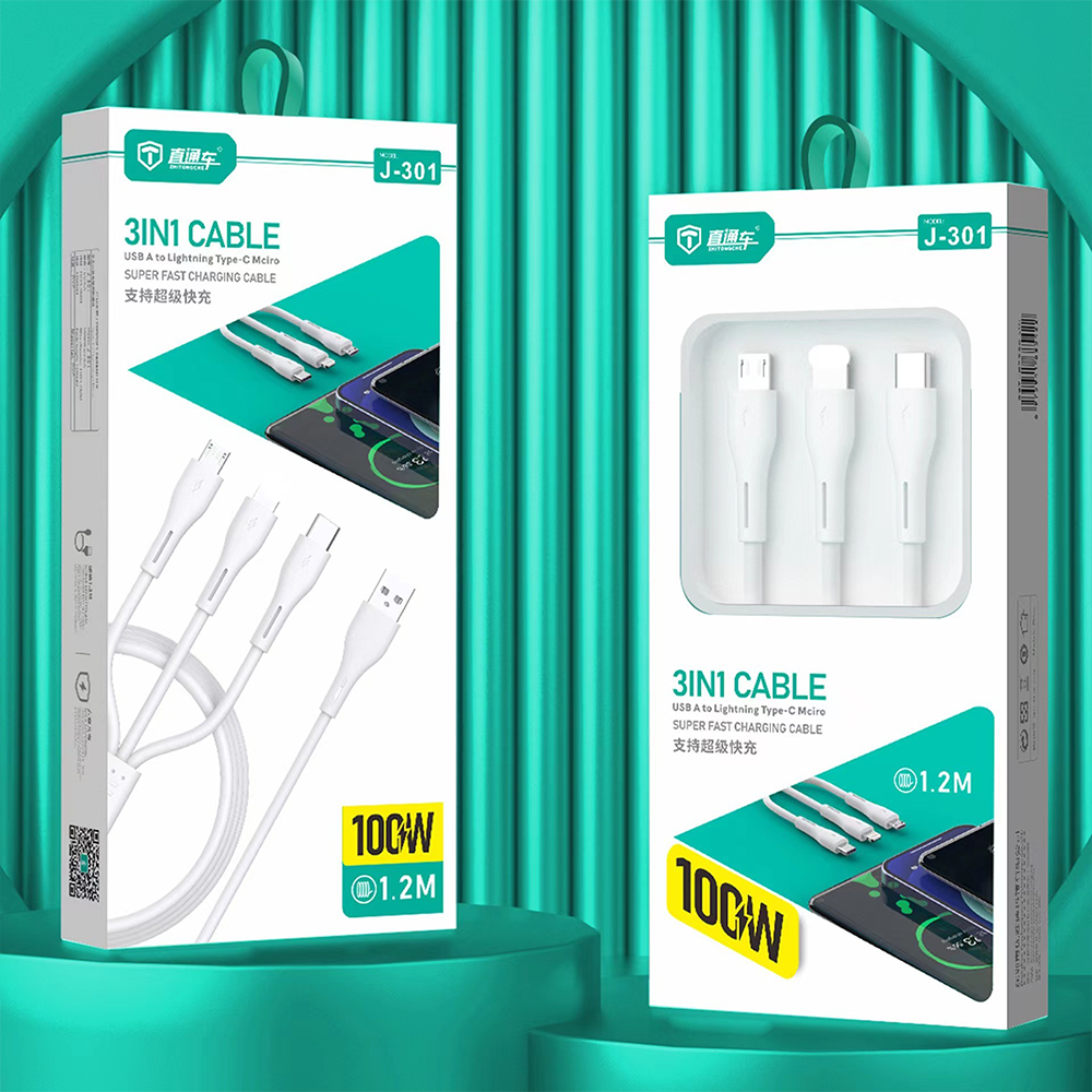 CASIFY J301 100W Multi Charging Cable 3 in 1 Fast Charging Cable - White