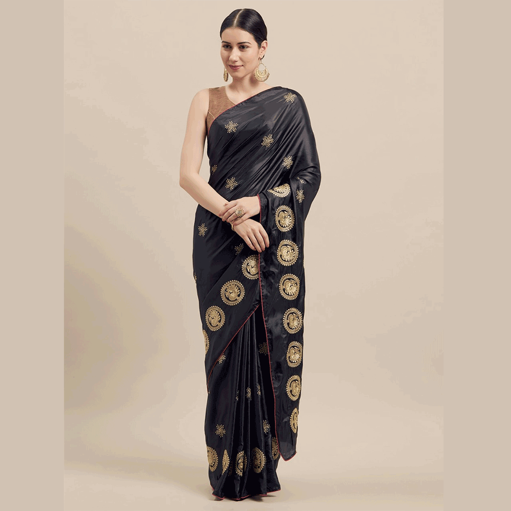 Silk Printed Saree With Blouse Piece For Women - Black