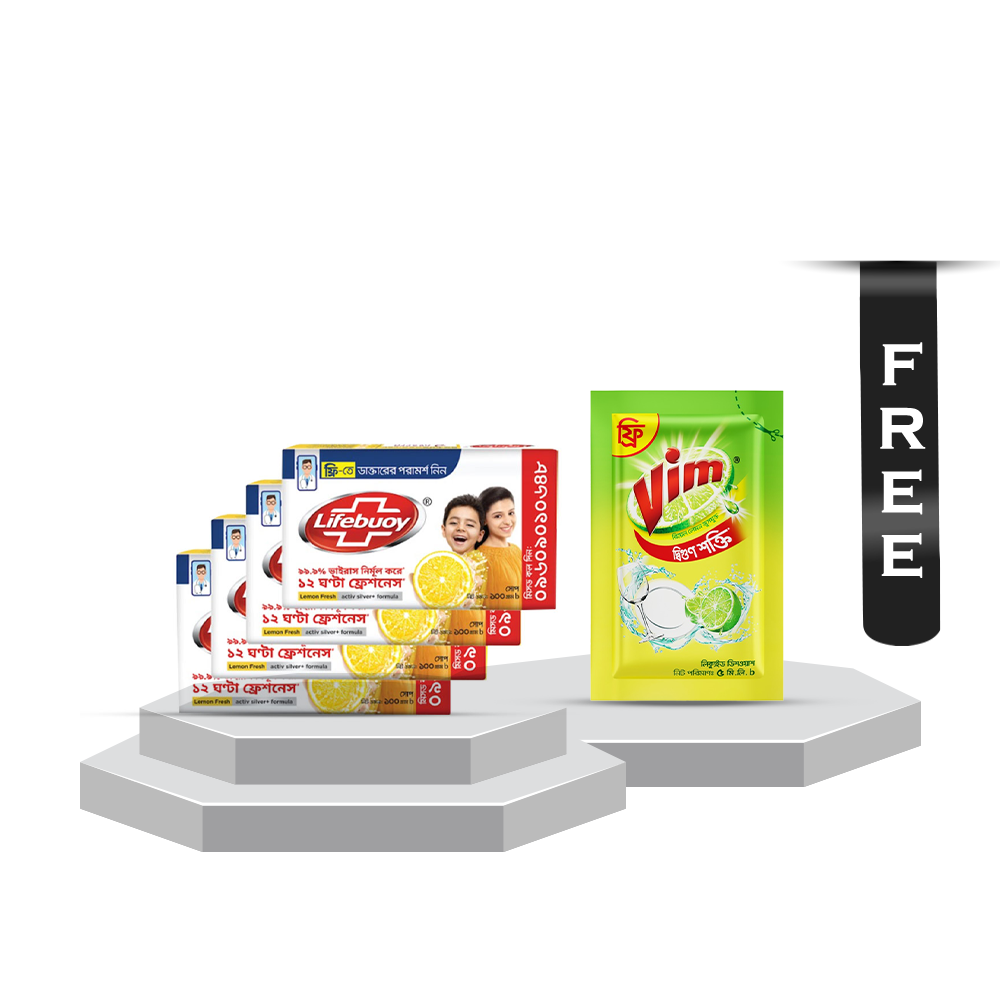 Bundle of 4 Pcs Lifebuoy Skin Cleansing Soap Bar Lemon Fresh - 100gm With Vim Liquid Dish Washer - 5ml Free