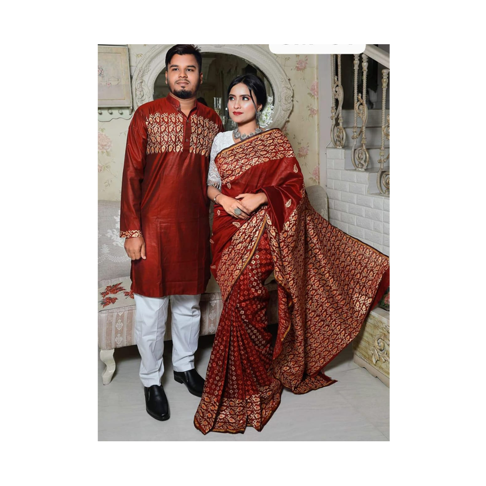 Half Silk Saree and Dhupian Cotton Panjabi For Couple  - BAN055