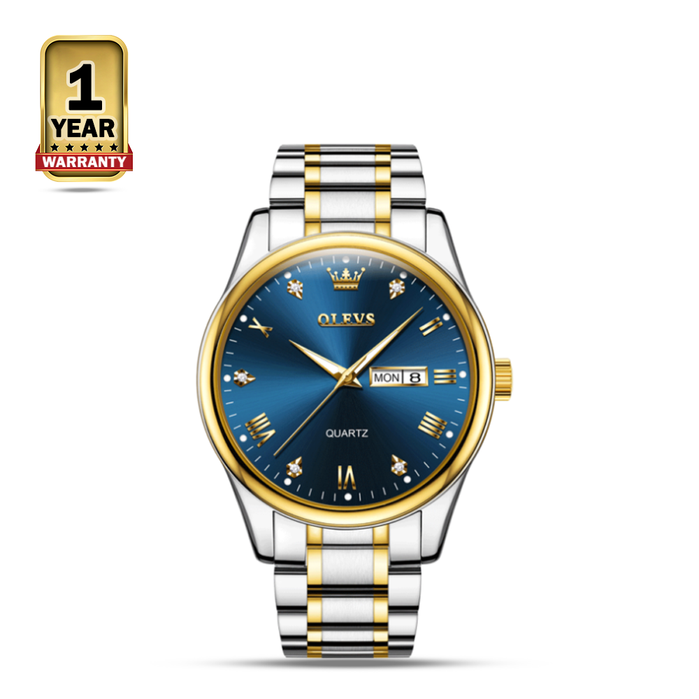 Olevs 5563 Stainless Steel Analog Wrist Watch For Women - Gold Silver And Blue