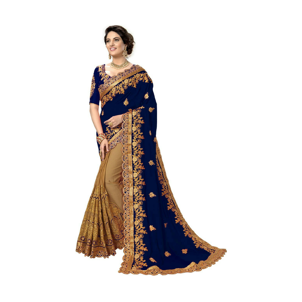 Embroidery Work Weightless Georgette Saree With Blouse Pcs For Women - Navy Blue and Tan