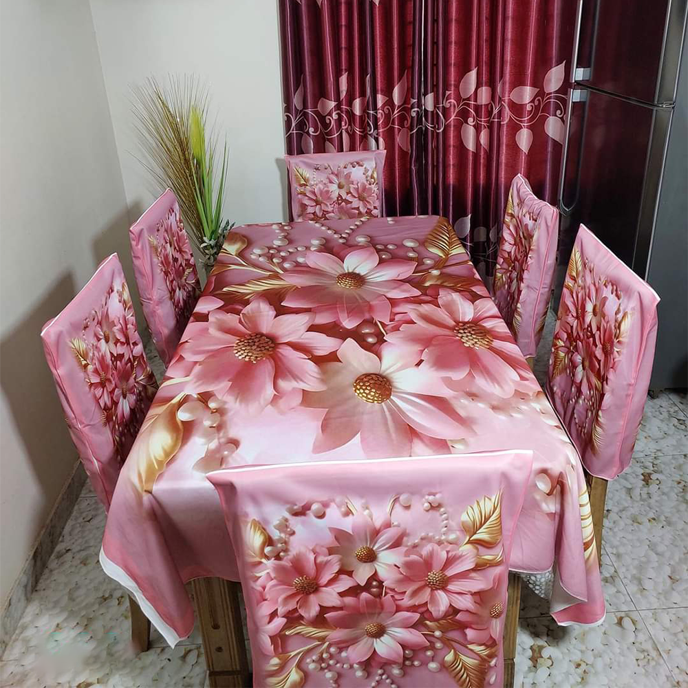 Korean Velvet 3D Print Premium Dining Table Cloth and Chair Cover Set 7 in 1 - TC-131