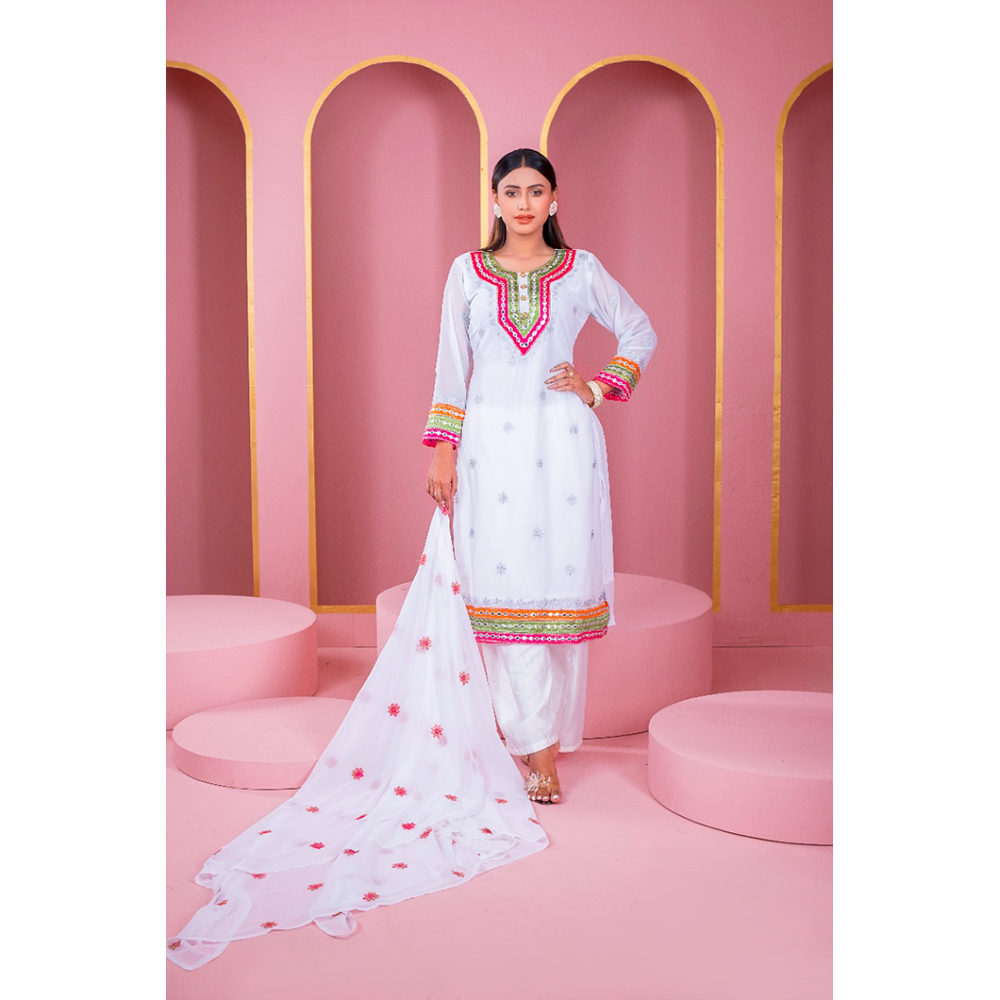 Weightless Georgette Embroidery Readymade Gulbahar Salwar Kameez for Women - White - HP-M3P-412