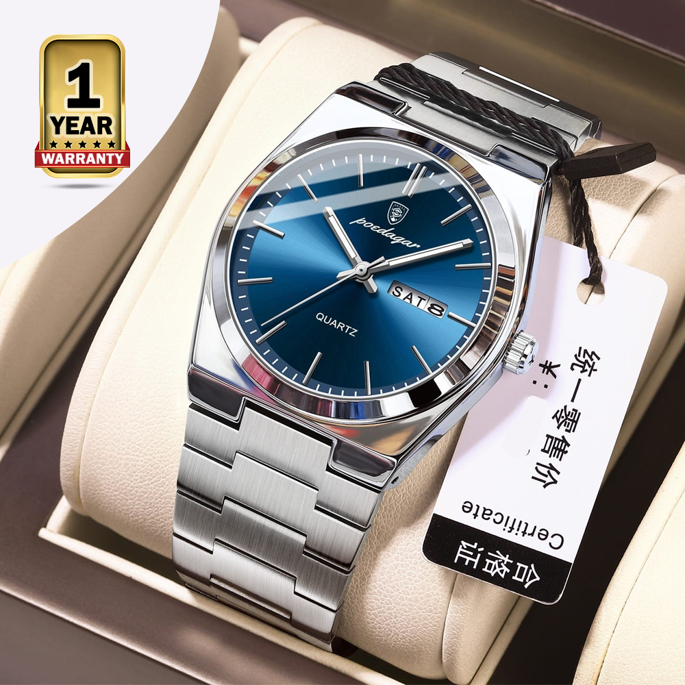 Poedagar 930 Stainless Steel Quartz Luminous Wristwatch for Men - Silver and Blue 