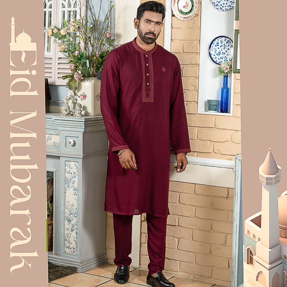 Cotton Panjabi with Pajama For Men - Maroon - 4912