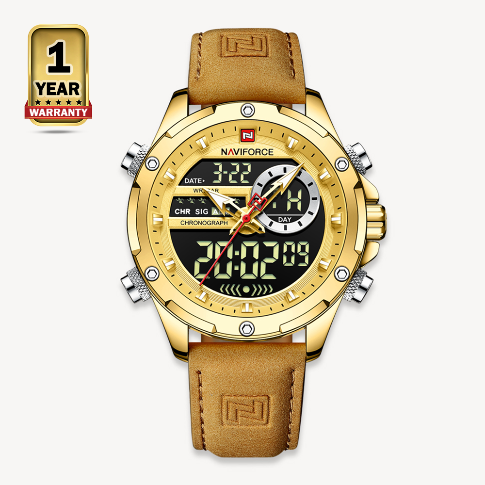 Naviforce NF9208 PU Leather Dual Time Watch For Men - Golden and Brown