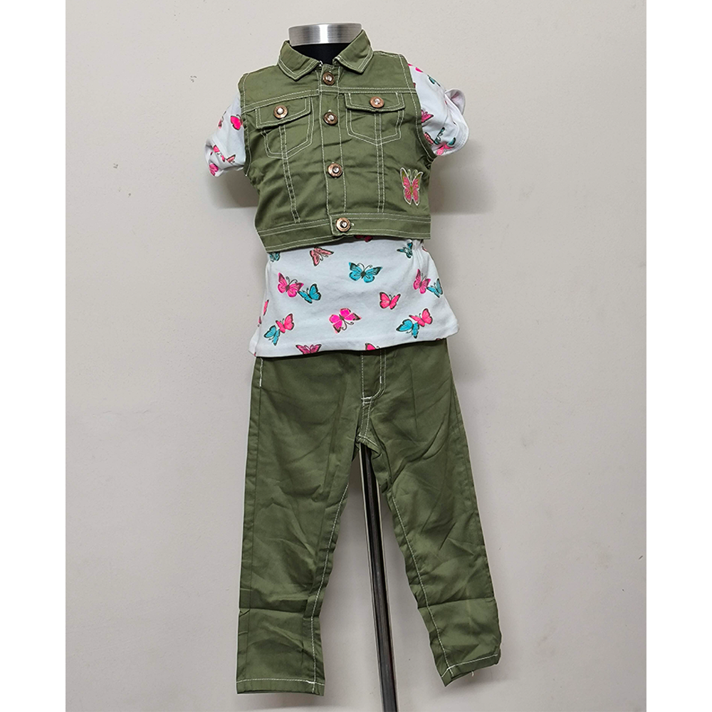 Cotton Fancy 3 Piece Set for Girls - Olive - HP-12-GF3SO