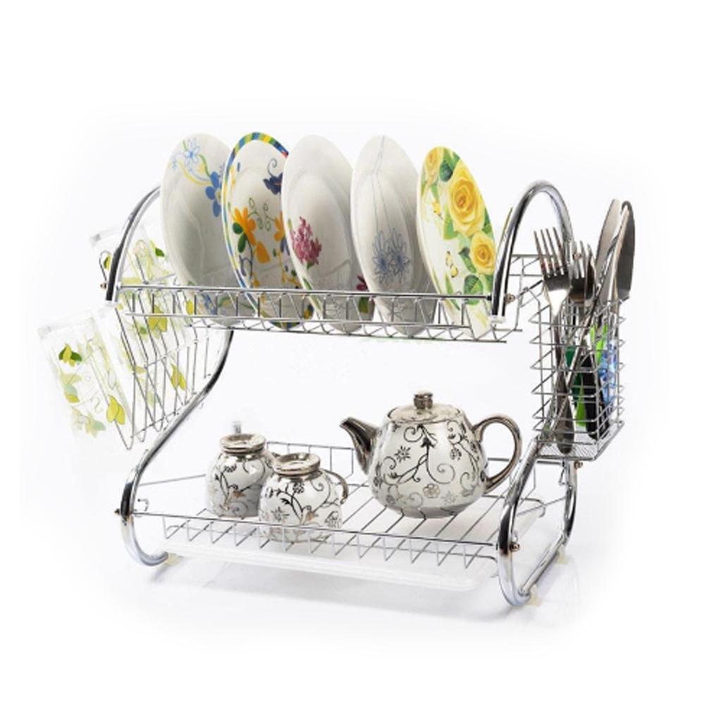 Stainless Steel 2 Layer Plate Storage Kitchen Stand Rack Silver