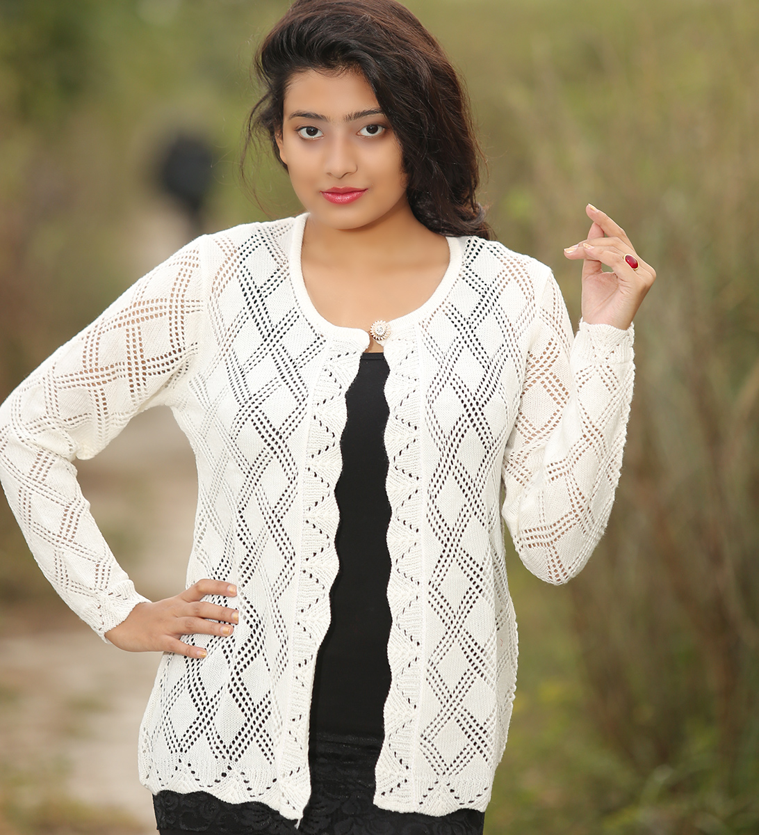 Acrylic Short Cardigan for Women - White