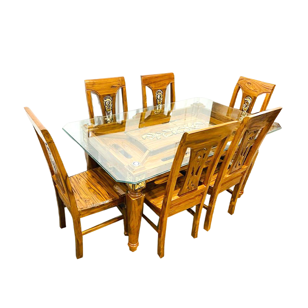 Furniture Heaven Shegun Wood Lacour Polish Dining Table With 6 Chair - 5.5*3.25 Ft - FHDS02