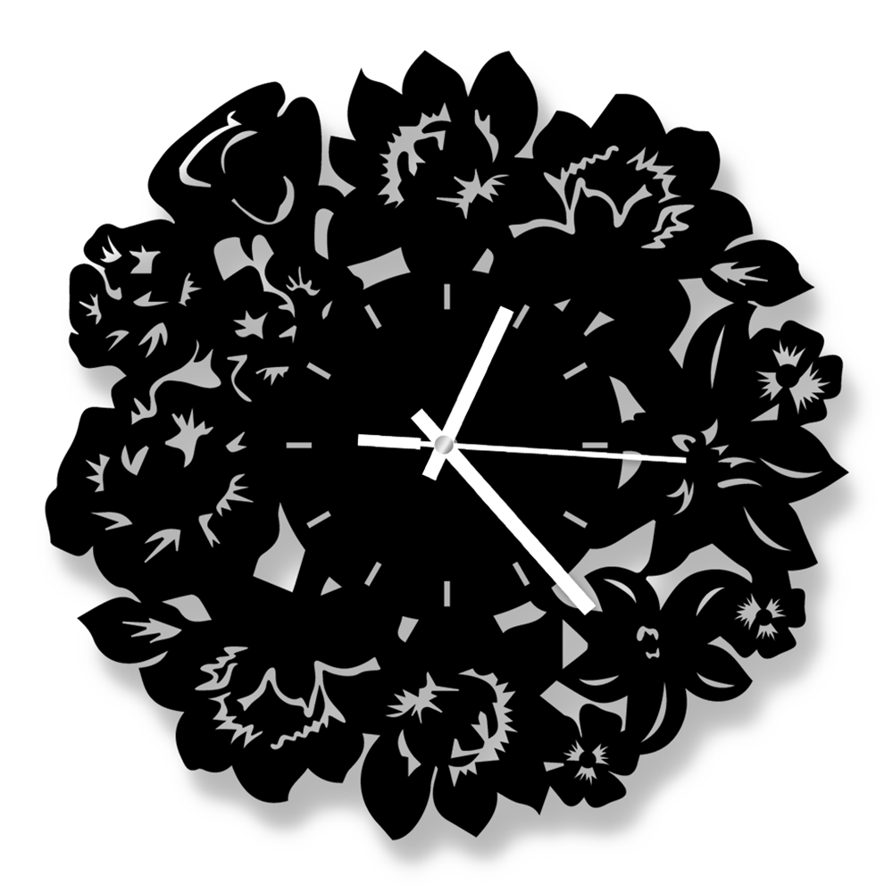 Flower Thematic MDF Wooden Wall Clock - Black - DC-1050