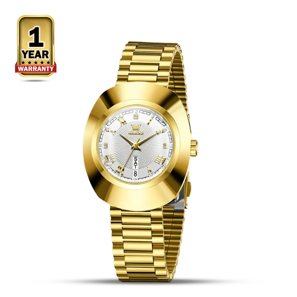 OLEVS 7008 Tungsten Steel Quartz Round-Dial Watch For Women - Golden White