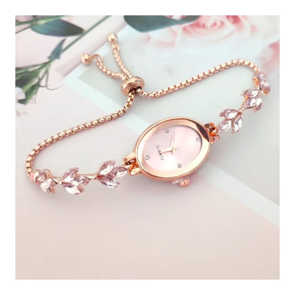 Rhinestone Inlaid for Clover Lady Watches Oval Fashion Quartz Wristwatch Bracelet - Golden