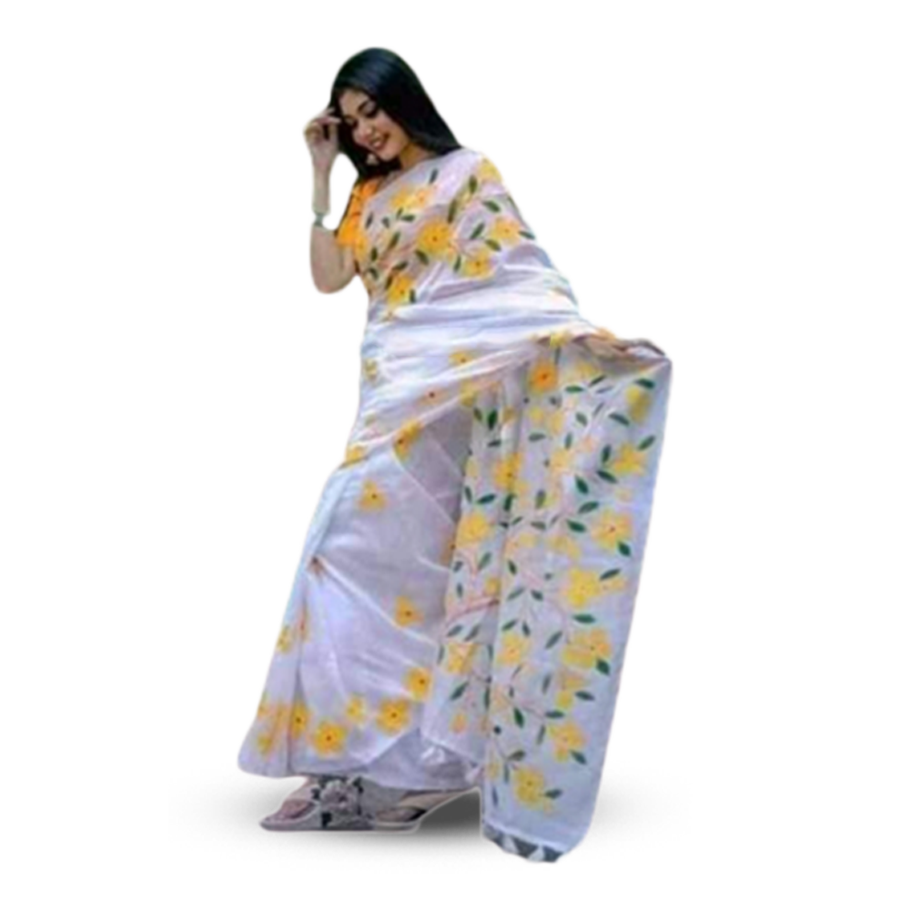 Hand Printed Half Silk Saree for Women - White - SP-85 