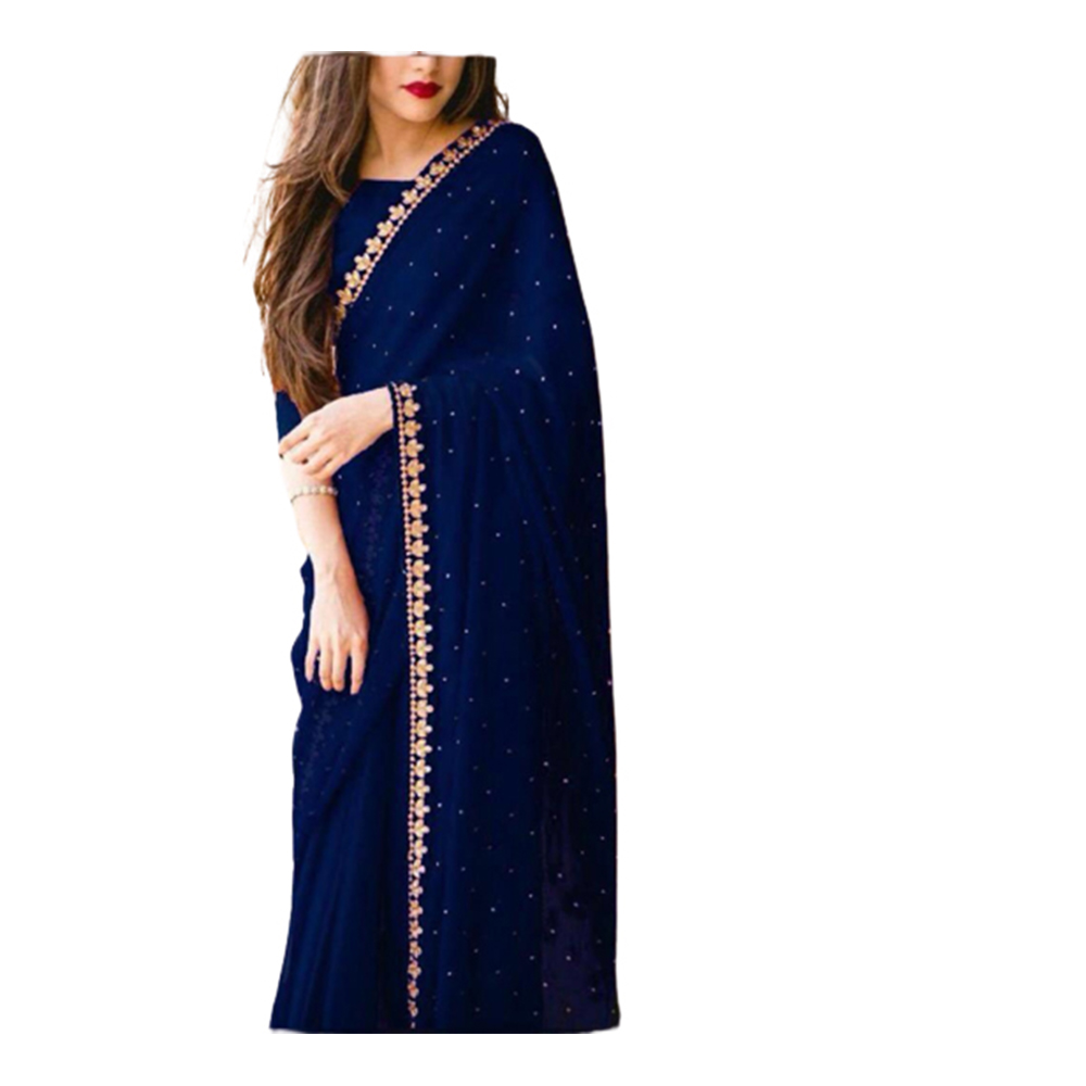 Soft Weightless Georgette Saree With Blouse For Women - Navy Blue - SJ-30