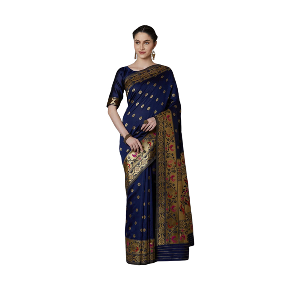 Silk Printed Saree With Blouse Piece - Navy Blue and Golden - SS-54