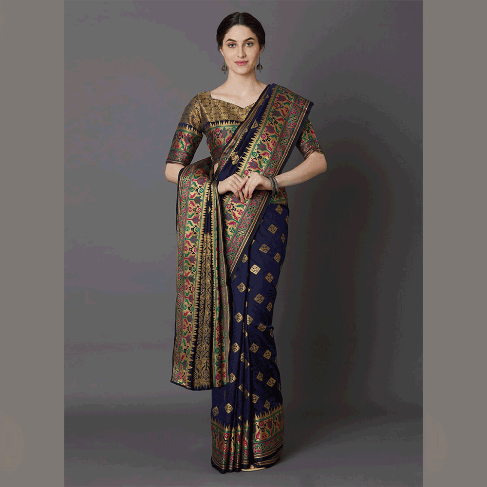 Silk Printed Saree With Blouse Piece For Women - Navy Blue