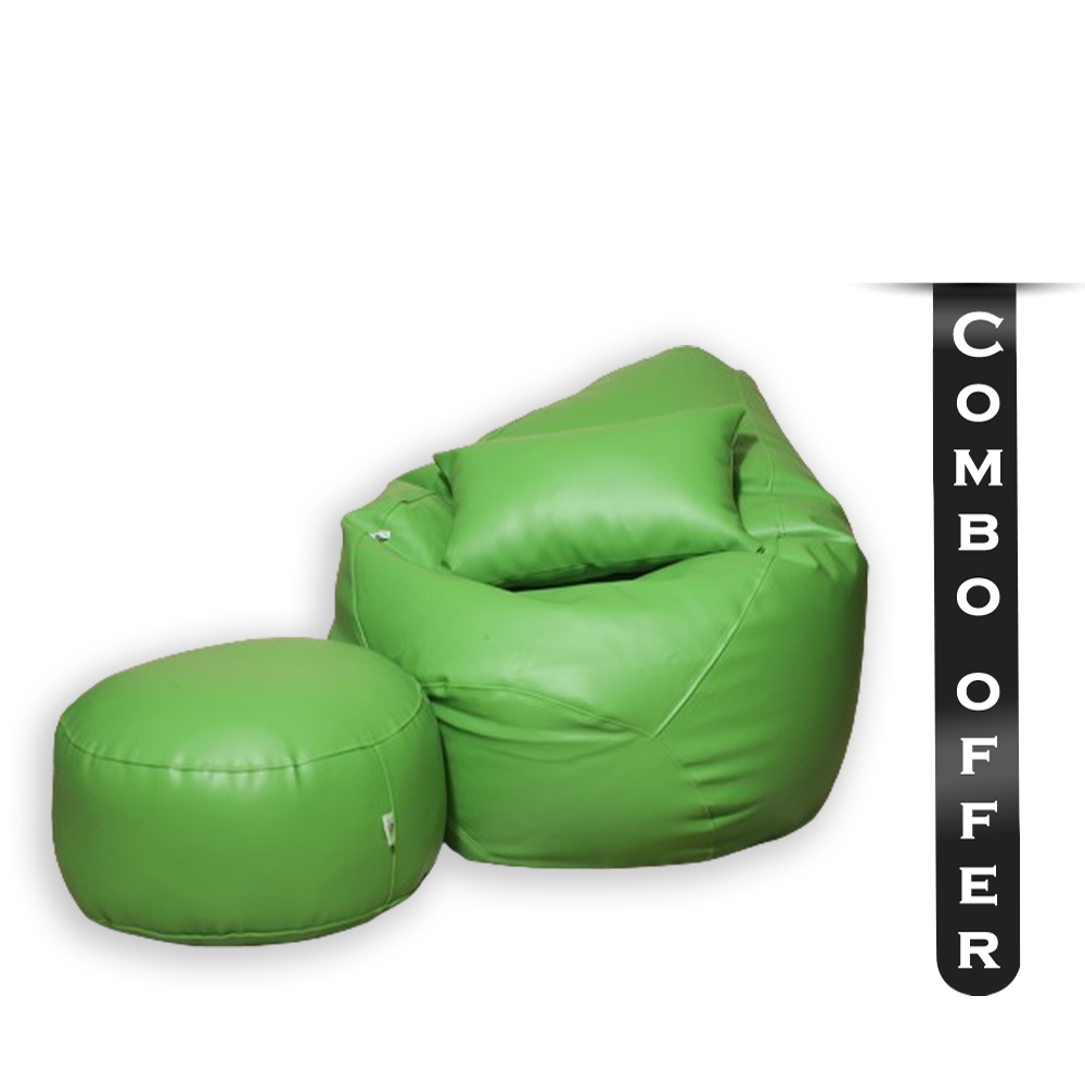 Combo of 3Pcs Leather Bean Bag - XXL With Leg Rest and Cushion - Green - APL2CGR