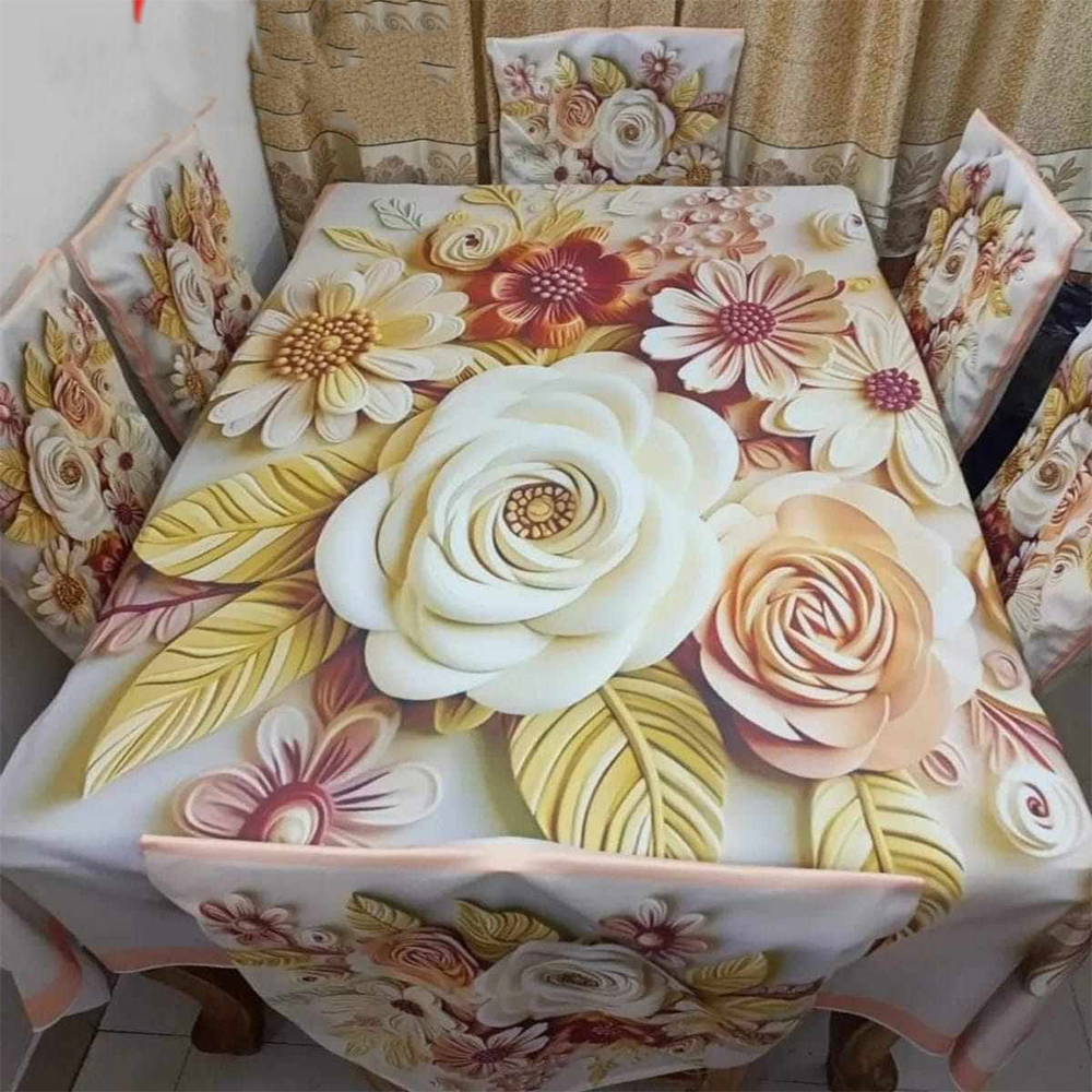 Korean Velvet 3D Print Dining Table Cloth and Chair Cover Set 7 In 1 - HS 00097