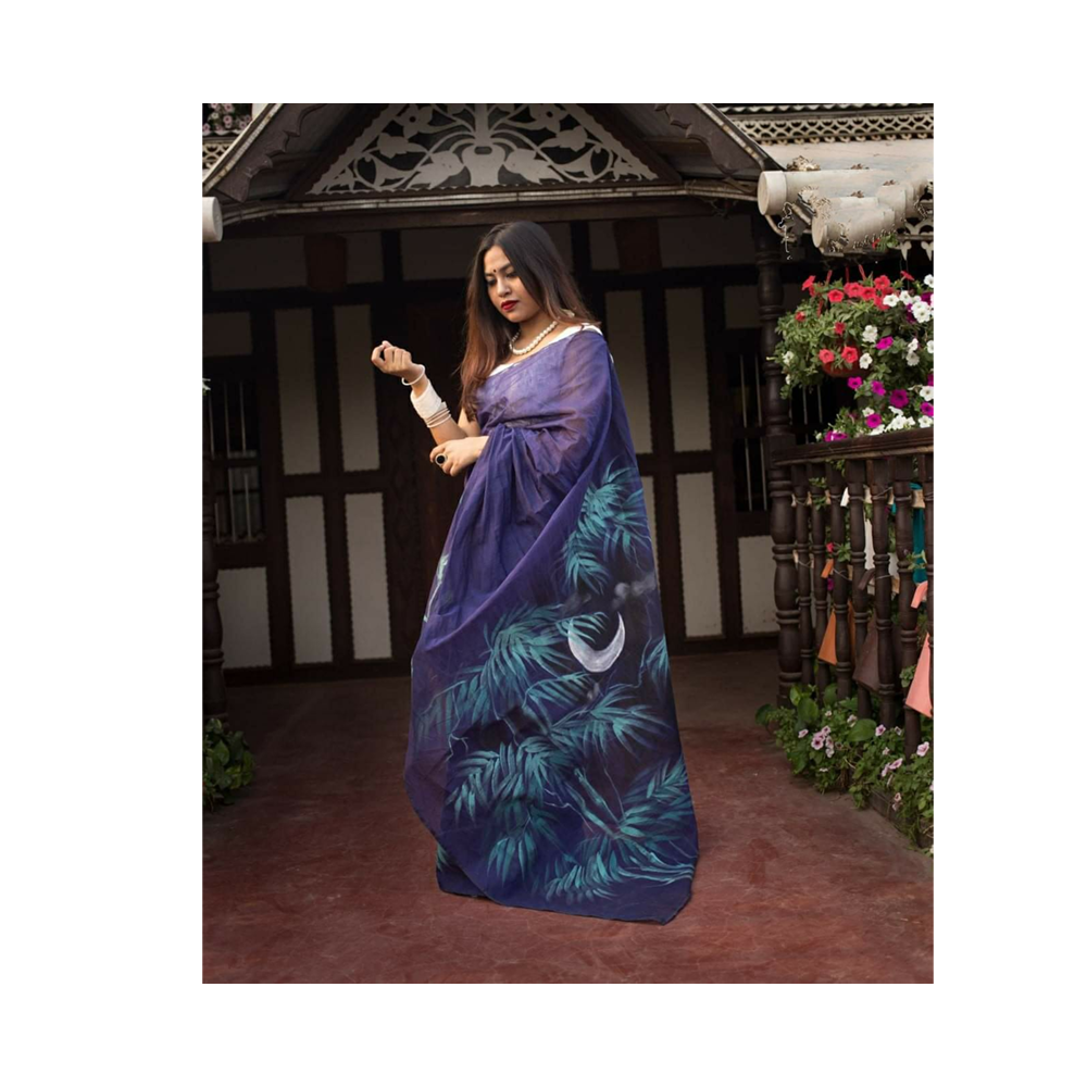 Hand Printed Half Silk Saree For Women - Multicolor - BAN132