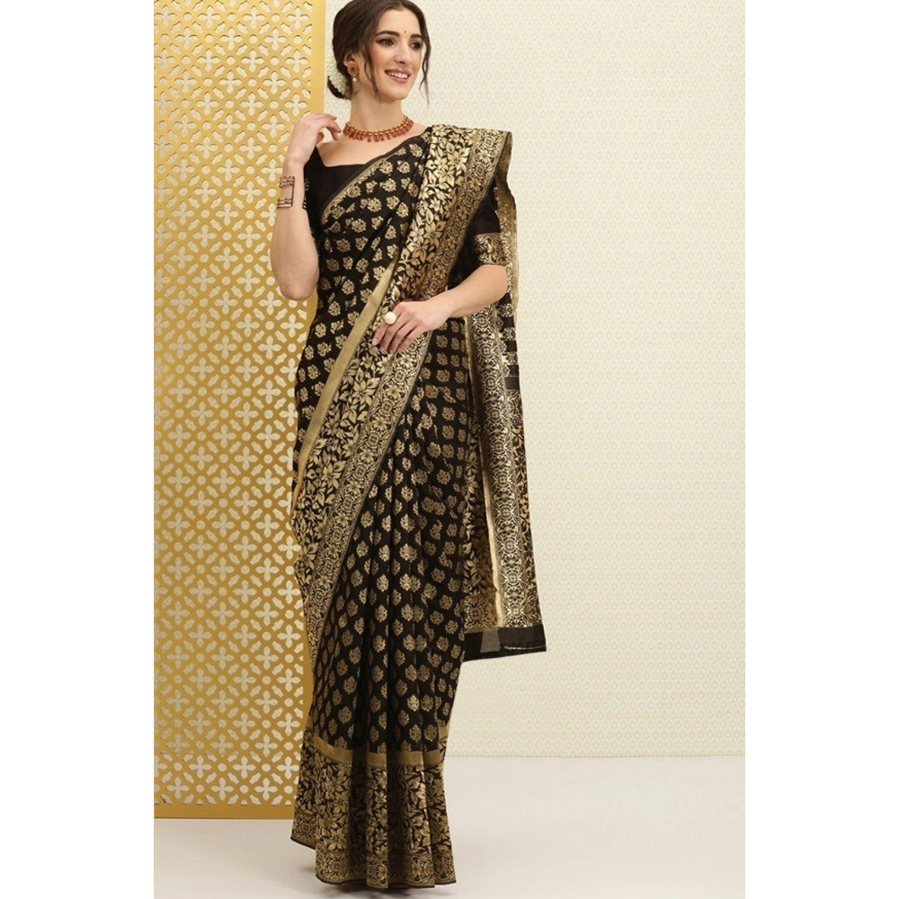 Silk Printed Gorgeous Saree With Blouse Piece For Women - Black - MN-749