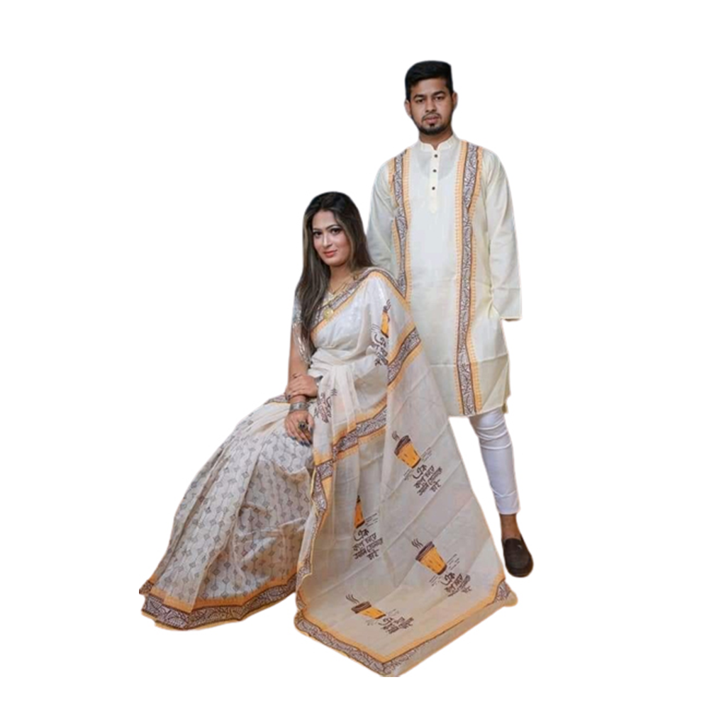 Exclusive Couple Set Saree With Panjabi - White - CS-B5