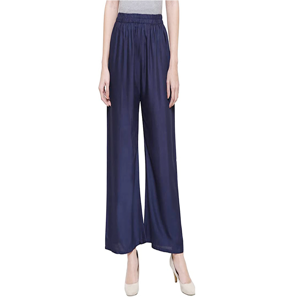 Linen Loose Fit Flared Wide Palazzo Pants For Women - Navy Blue