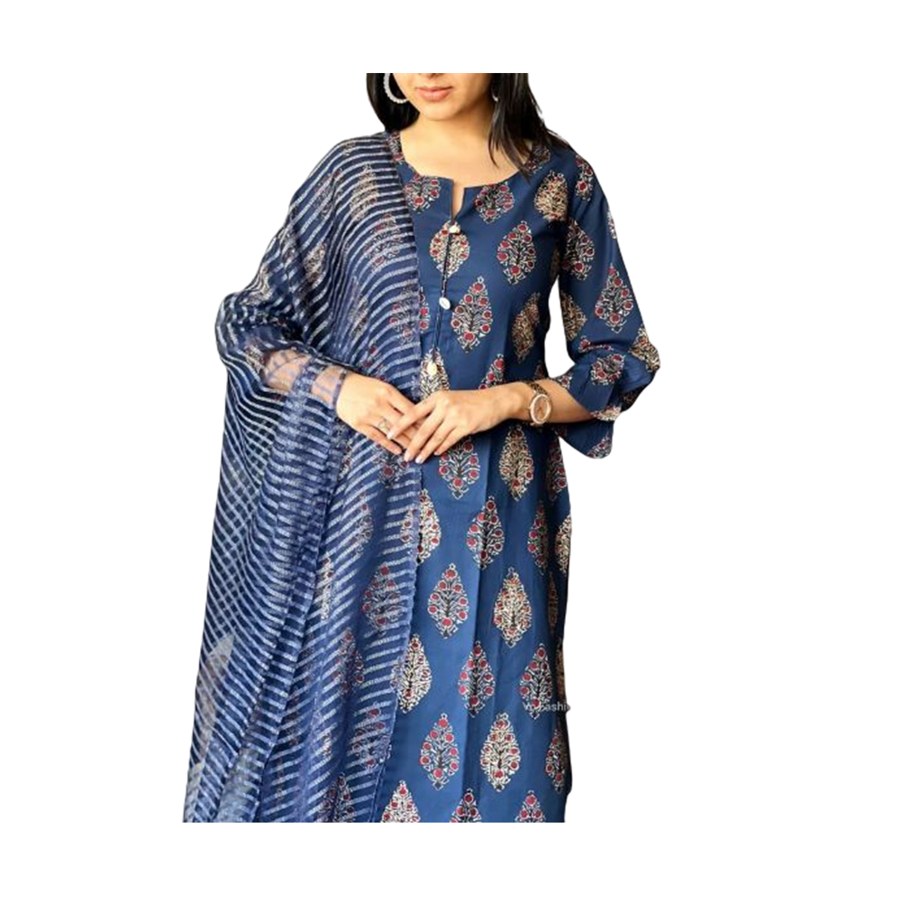 Unstitched Cotton Block Print Salwar kameez For Women - Navy Blue - 3P-02