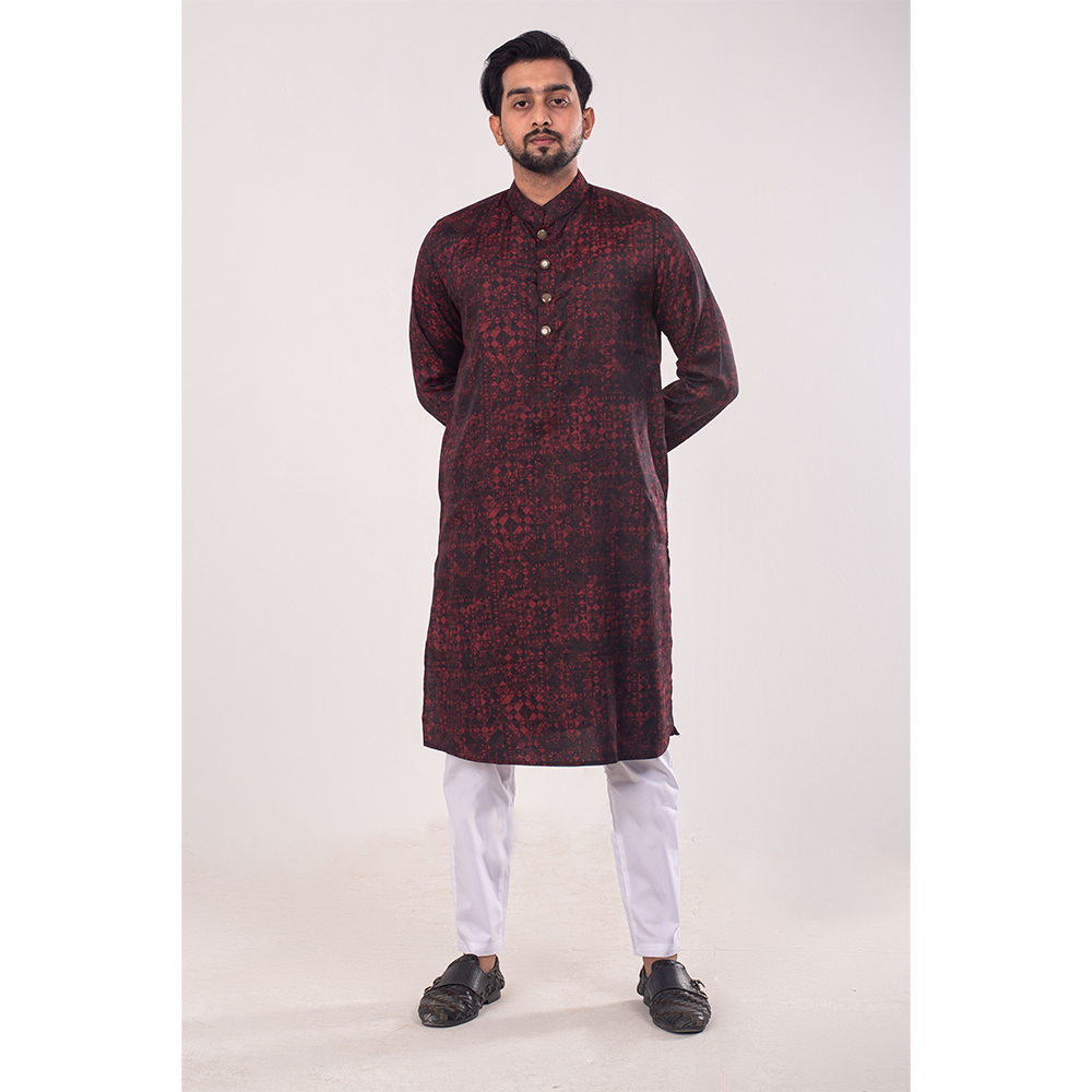 Cotton Exotic Print Panjabi for Men - Black and Maroon - DP00215