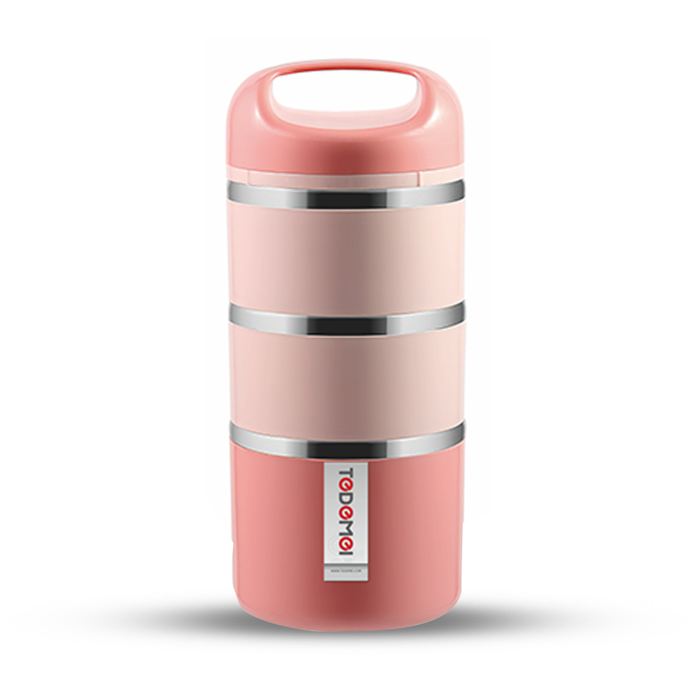 Tedemei 3 Layers with Handle Inner Stainless Steel Bento Lunch box - 1430 ml - Pink