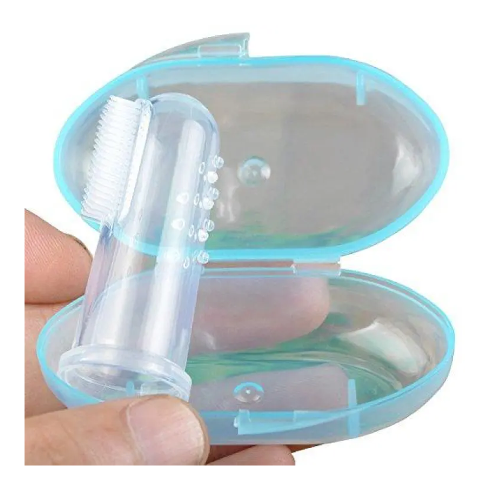 Silicon Baby Finger Toothbrush Swallow With Box For Kids - White and Aqua 