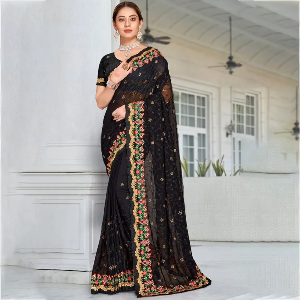 Georgette Embroidery Saree For Women - Black