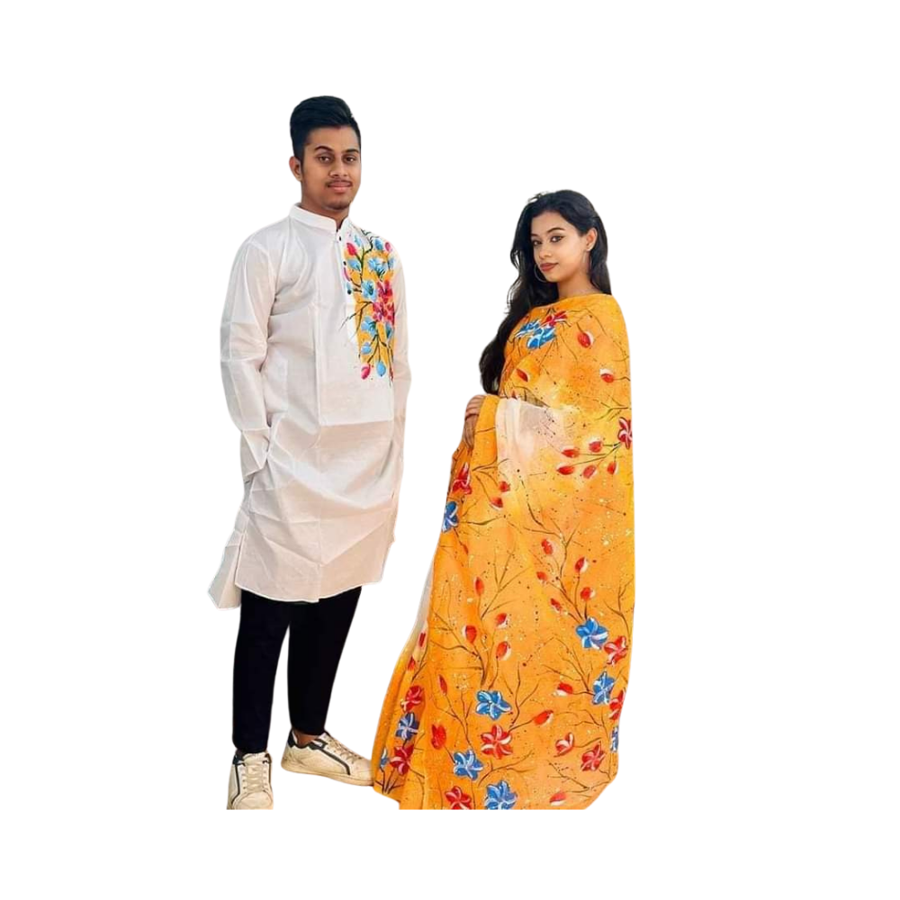 Cotton Silk Saree and Dhupian Cotton Panjabi Couple Dress - Orange & White - SC52