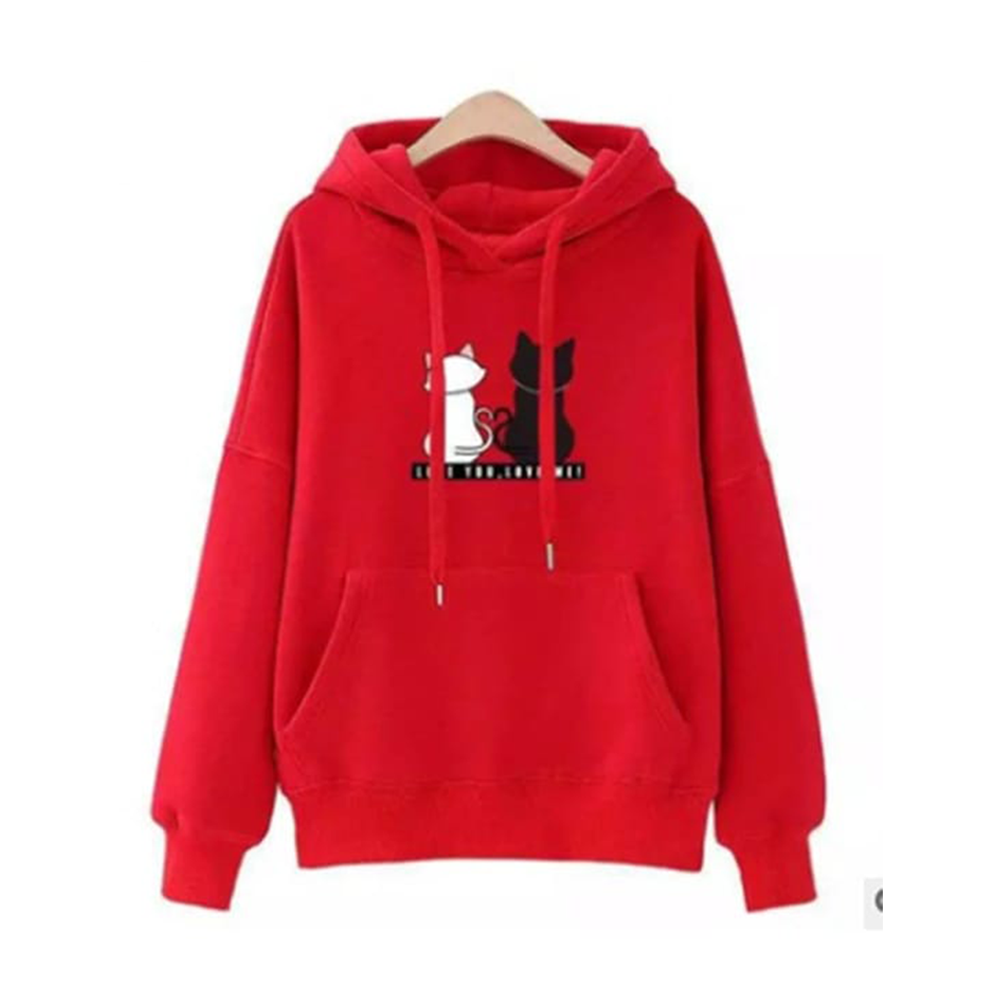 Fashionable Long Sleeves Double Cat Hoodie For Women - Red