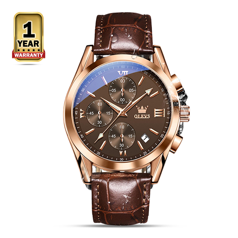 OLEVS 2872 Leather Quartz Watch For Men - Rose Gold And Brown