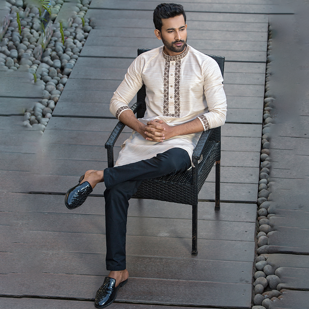 Dupion Silk Panjabi For Men - Off White - AB-8248