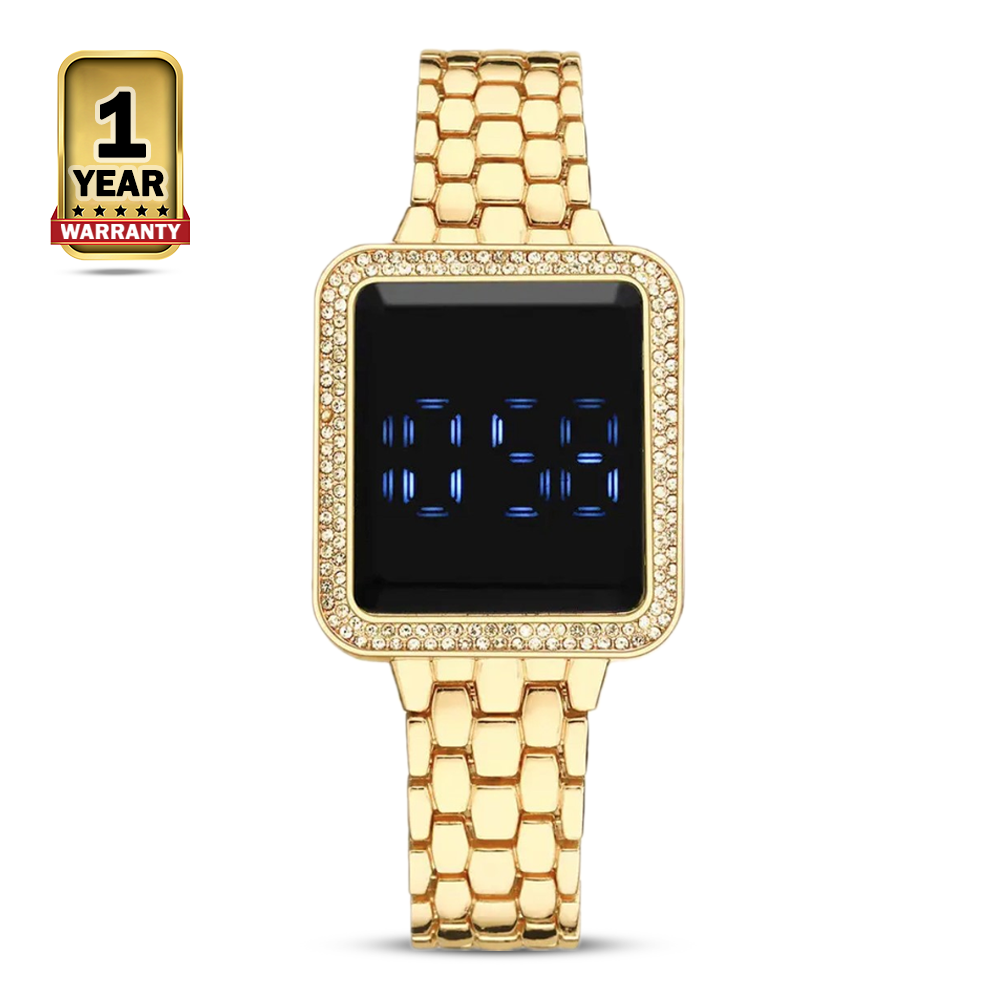 SZXRXTECH Square Trendy Diamond LED Touch Wrist Watch for Women - Golden - G01