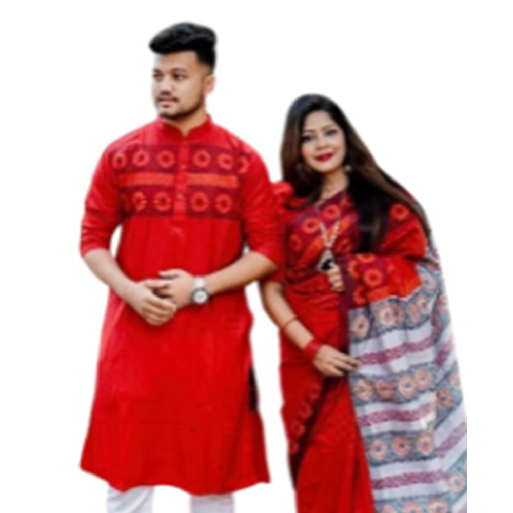 Half Silk Block Print Saree and Silk Cotton Panjabi For Couple - Red - CS-B18