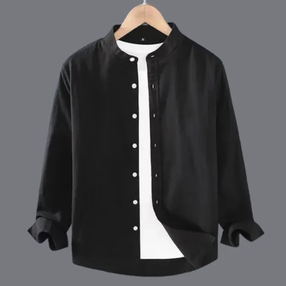 Cotton Full Sleeve Band Collar Casual Shirt For Men - Black