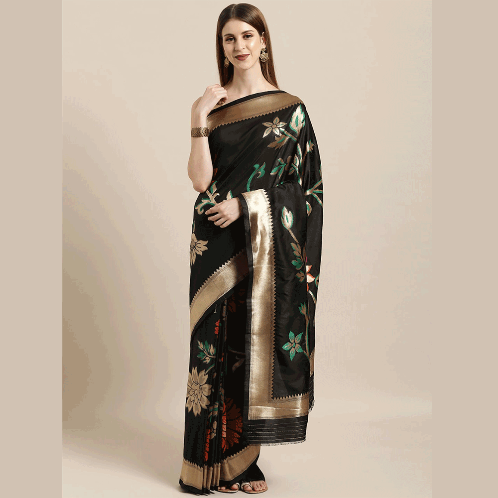 Silk Printed Saree With Blouse Piece For Women - Black 