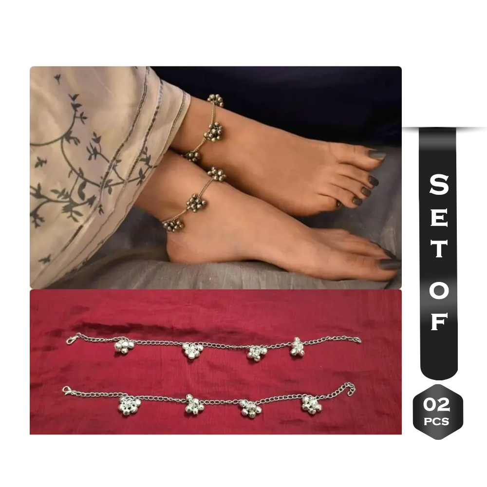Set of 2 Pcs Brass Indian Oxidized Anklets Nupur For Women Silver