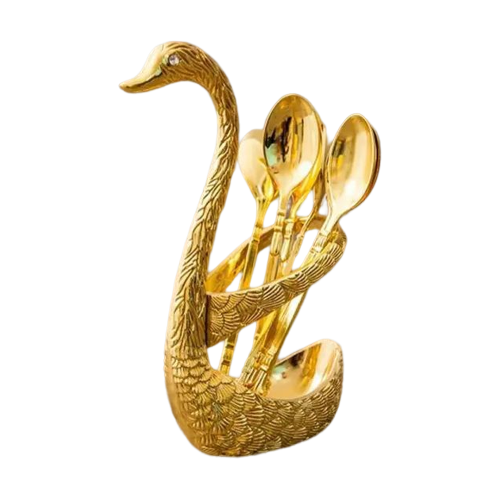 Spoon Set With Swan Stand - Golden