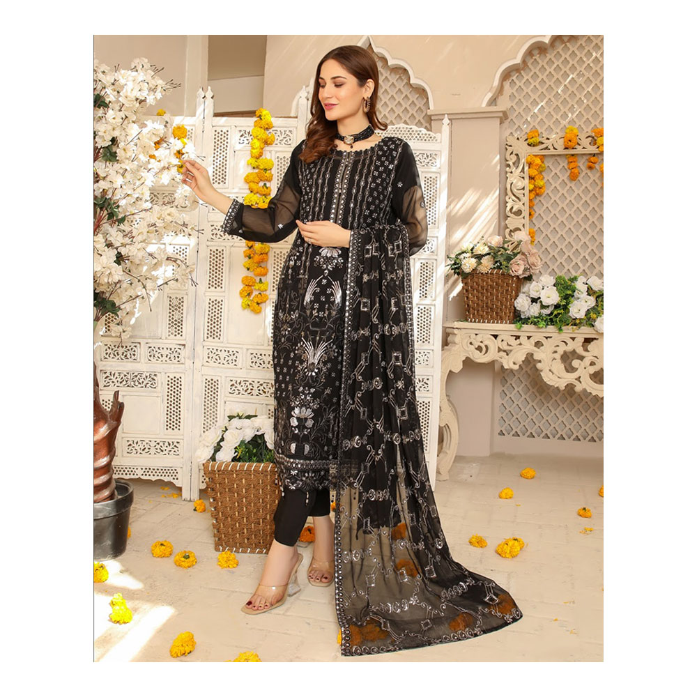 Semi-stitched Chiffon Party Dress for Women - Black - HP-3PP-302 (1 Pc Ring Free)