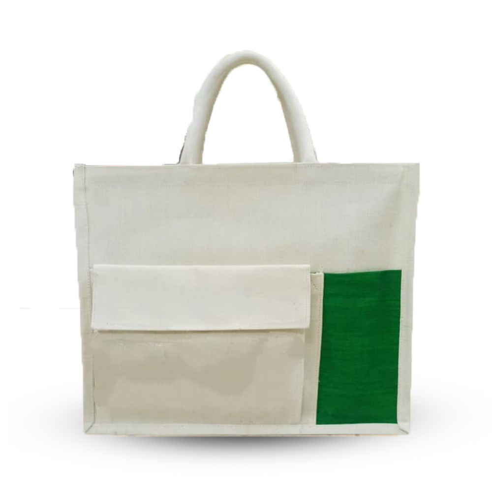 Jute cotton zipper front pocket hand bag White