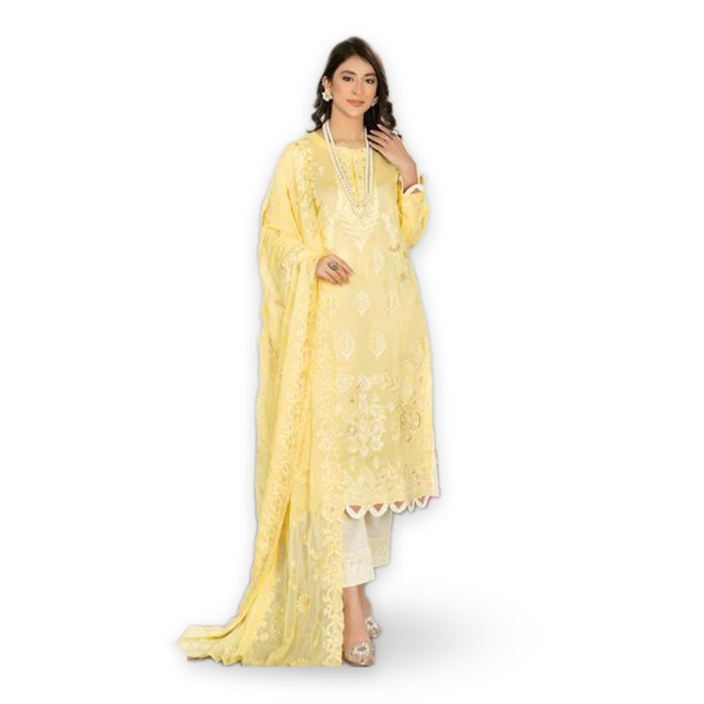 Unstitched Lawn Embroidered Salwar Kameez for Women - Yellow